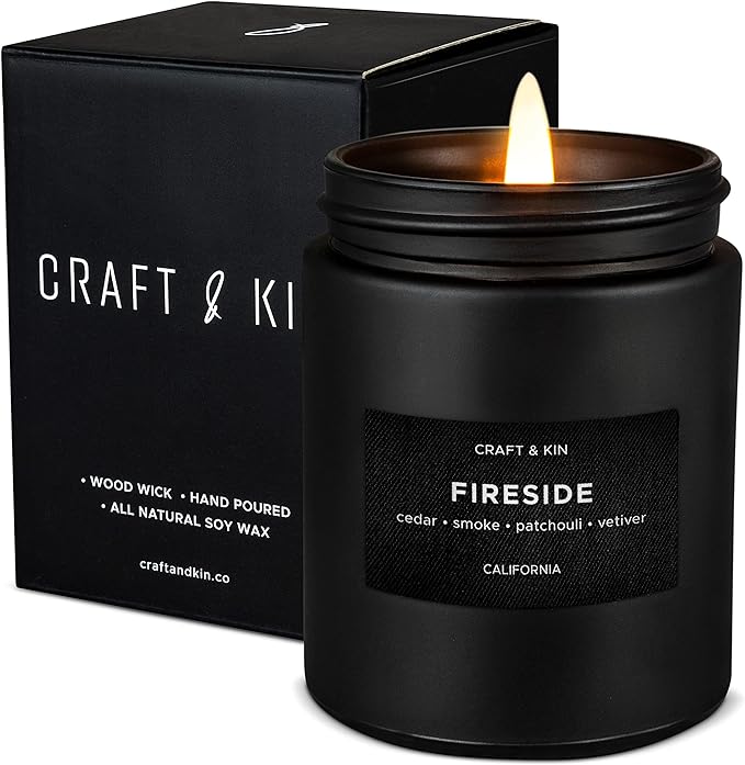 Craft & Kin Premium Smoky Fireside Scented Candle – Long Lasting, 45 Hour Burn Time – Luxury Black Natural Soy Scented Candle for Men with Wood Wick – Room Decor and Aromatherapy – 7.6 oz