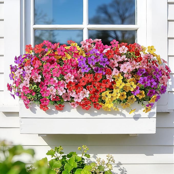 Alupssuc 20 Bundles Artificial Flowers for Outdoor Indoor Decoration, UV Resistant No Fade Fake Plants Eucalyptus, Colorful Faux Spring Flowers for Outside Yard Porch Patio Garden Home Window Box