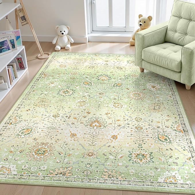 Lahome Flavie 5x7 Sage Green Rugs for Bedroom, Soft Boho Rug for Living Room, Machine Washable Floral Carpet Non Slip for Nursery Playroom Indoor
