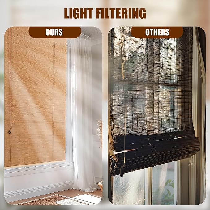 Outdoor Bamboo Roller Blinds Shades, Vertical Lifting and Breathable Waterproof Design, Sun Shade, Blackout and Ventilation, Easy Installation,24" W×64" H