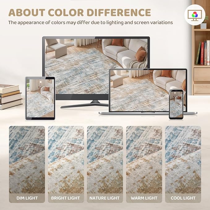 UERMEI 12x15 Area Rug for Living Room: Extra Large Neutral Abstract Carpet Modern Soft Low Pile Stain Resistant Washable for Open Floor Plan Bedroom Dining Office Kids Pets Friendly Blue Brown