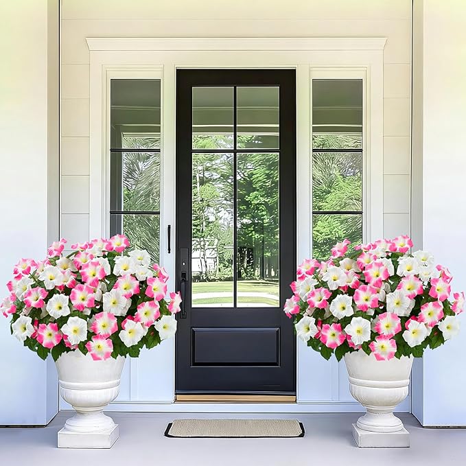 MARTINE MALL Artificial Flowers for Outdoors, 4 Bundles Realistic Fake Outdoor Flowers, UV Resistant Silk Petunia Flower for Outside Look Real Faux Flower Plants for Outdoor Porch Decor, Pink White
