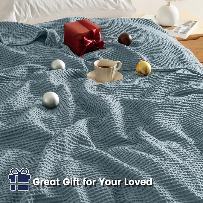 PHF 100% Cotton Waffle Weave Family Blanket Oversized King 120"*120", Pre-Washed Lightweight Breathable for Spring Summer, Machine Washable,10'x 10' Huge Extra Large Big, Home Decoration Gift - Ocean