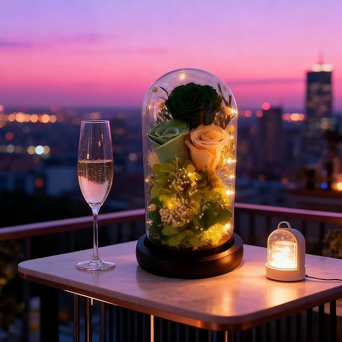 HipTree Preserved Morandi Green Rose in Glass Dome with LED Lights - Forever Eternal Rose Gifts for Women, Valentines Day Mothers Day Birthday Christmas Wedding Anniversary for Mom Wife Girlfriend