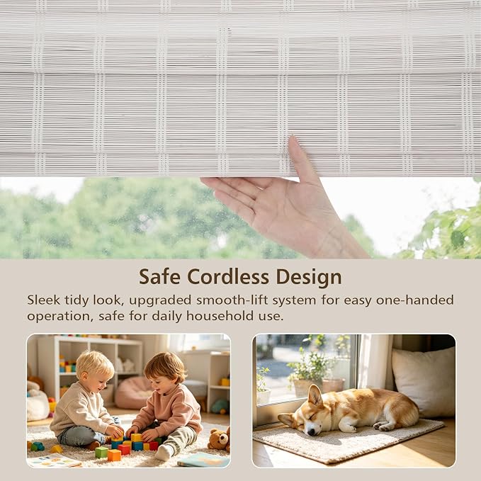 Sunbox Cordless Bamboo Roman Shade Blind, Woven Wood Roman Shades, Light Filtering Natural Bamboo Shades for Windows, French Doors, 44" W x 64" H, Pearly White