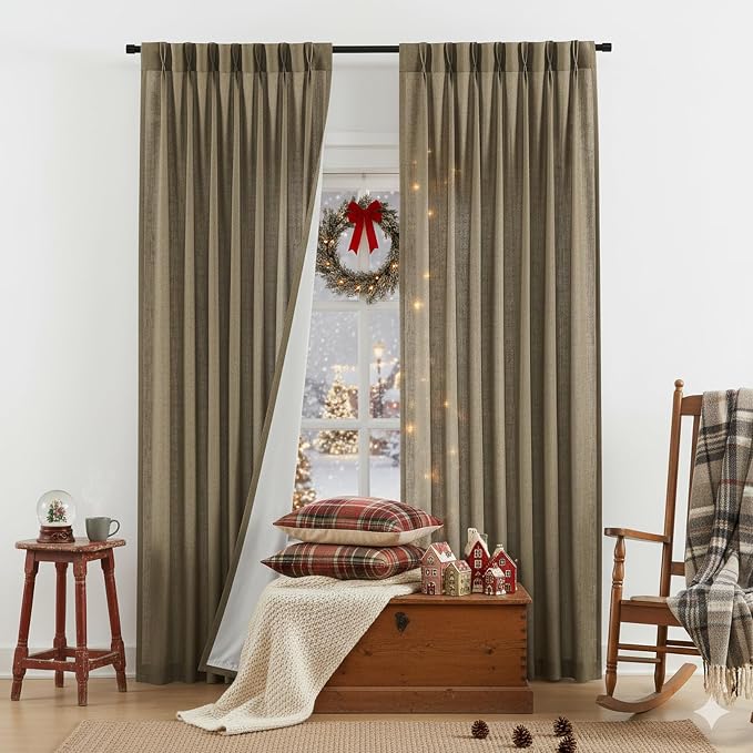 Vision Home Brown Pinch Pleated Light Filtering Curtain Panels with Microfiber Liner 108 inch Linen Blended Textured Privacy Drapes for Living Room Bedroom Back Tabs with Hooks 2 Panels 40" Wx108 L