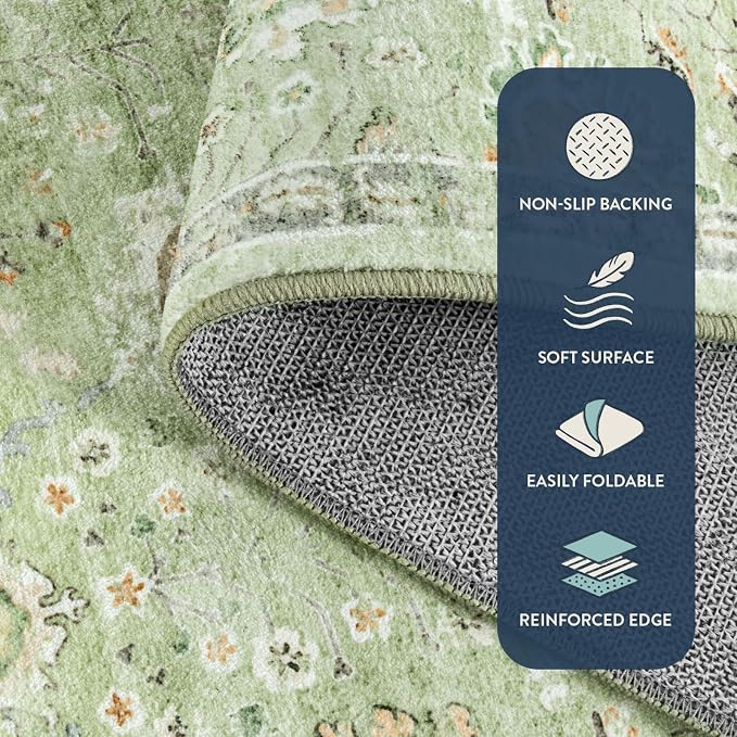 Lahome Flavie Sage Green Area Rug 8x10 for Living Room Bedroom, Soft Boho Floral Machine Washable Rugs, Non Slip Indoor Carpet for Nursery Playroom Indoor Home Decor