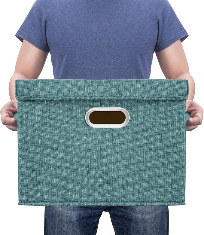 TYEERS Large Storage Bins with Lids, Collapsible, Washable, Fabric Storage Boxes for Organizing, 17.3x11.8x11.4 inches, 5 Pack, Aqua Deep