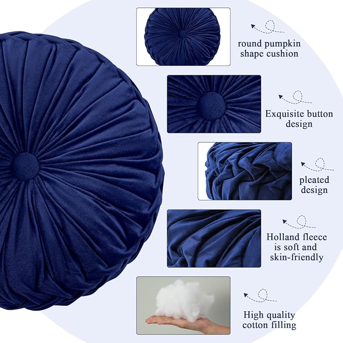 Drydiet 1 Pcs Round Throw Velvet Pillows Decorative Pleated Throw Pillows Diameter Accent Pumpkin Boho Chair Cushion for Couch Sofa Home Decoration (Navy Blue,15'')
