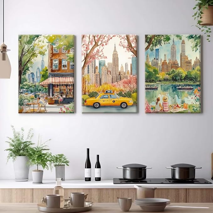 SYYANKK Watercolor New York City Wall Art NYC Canvas Wall Decor NYC Painting New York Landmarks Poster Travel Wall Art Central Park Artwork for Bedroom Living Room 16x24x3 Inch Ready to Hang