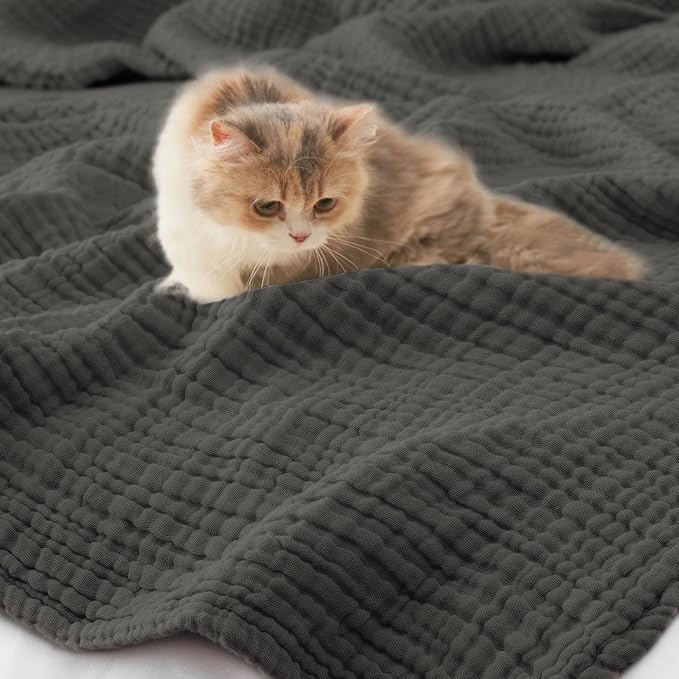 Carriediosa 100% Cotton Muslin Throw Blanket 108" X 90" King Size，4-Layers Summer Gauze Throws for Bed Couch，Soft Lightweight Breathable Linen Blankets Bedspread for Adults All Season，Dark Gery