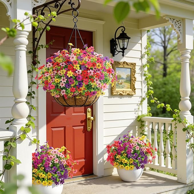SHareconn 24 Bundles Artificial Flowers for Outdoors Spring Decoration, Fake Silk Realistic Faux Plants UV Resistant for Outside Planter Porch Patio Indoor Decor, RedRosePurpleYellowPinkDeeppurple