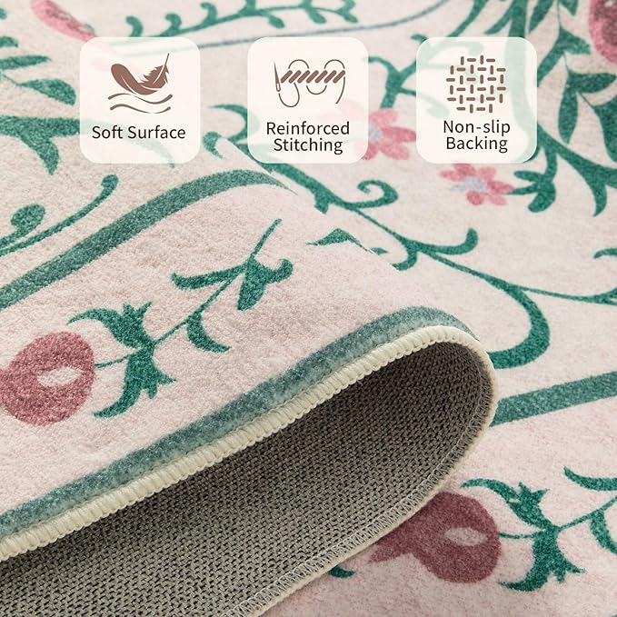 Rugxara Pink Door Mat Floral Entryway Rug, Washable Samll 2x3 Rugs, Boho Front Door Mat, Non Slip Low Pile Throw Carpet for Indoor Entrance,Bathroom,Girls Room and Kitchen(Pink/Green 2x3ft)