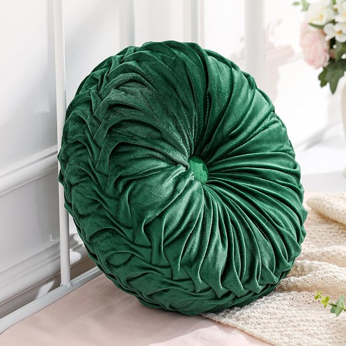 Drydiet 1 Pcs Round Throw Velvet Pillows Decorative Pleated Throw Pillows Diameter Accent Pumpkin Boho Chair Cushion for Couch Sofa Home Decoration (Deep Teal,15'')