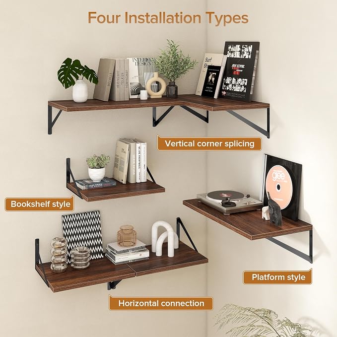 Acovy Deep Floating Shelves Wall Mounted, 30"x12" Walnut Wall Shelves with Brackets Set of 2 for Bedroom, Living Room, Bathroom, Kitchen, Office - Storage & Display Shelf for Decor, Books, Plants