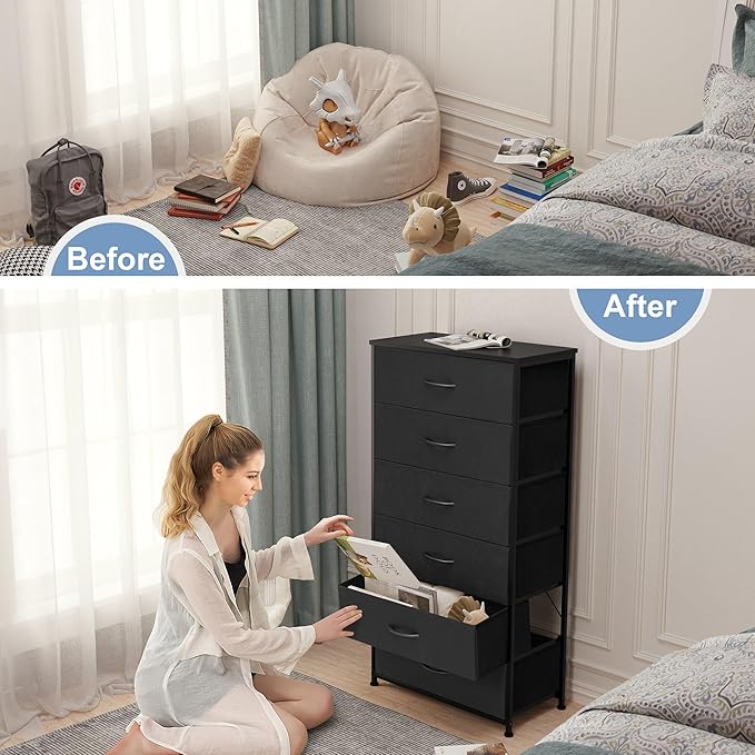 Crestlive Products Dresser for Bedroom with 6 Drawers, Tall Chest of Drawers, Black Dressers Bedroom Furniture, Storage Organizer Unit with Bins for Closet, Hallway, Living Room, Entryway