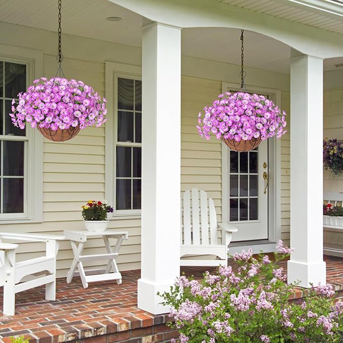 Artificial Fake Hanging Plants Flowers Basket for Outdoors Spring Summer Decoration, UV Resistant Realistic Outdoor Faux Silk Morning Glory in Planter for Outside Porch Patio Balcony Garden Yard Home