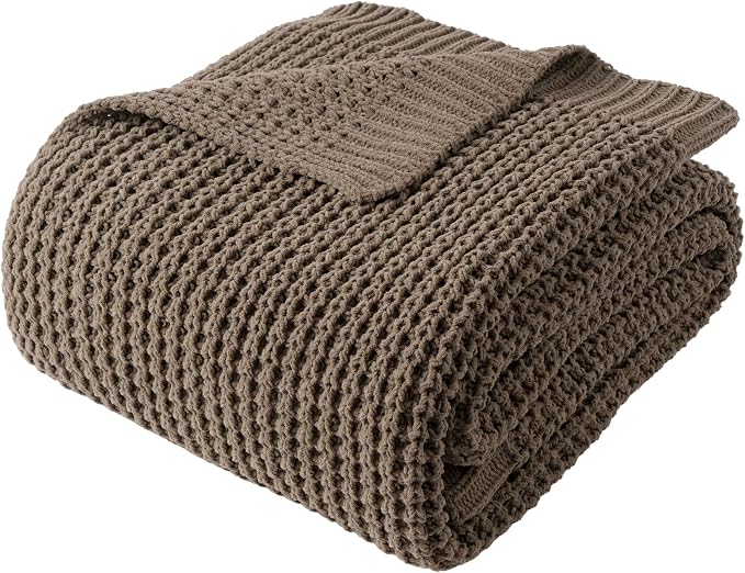 Bunnikins & Clover Knitted Waffle Throw Blanket 60x80 Inches, Camel Tan Throw Blanket for Couch, Tan Blanket Fluffy Cozy Knit Soft Throws for Women Mothers Birthday Gifts