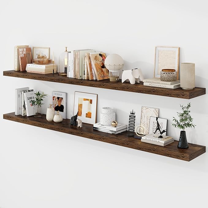 Acovy 72 Inch Floating Shelves, 9.3" Deep Floating Shelf Wall Mounted, 72" Wall Shelves, Rustic Deep Bookshelf, Large Display Shelves & Storage Shelves for Bedroom, Living Room, Brown, Set of 2