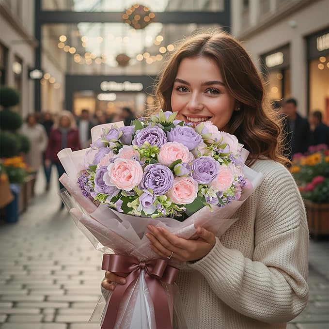 12 Bundles Peonies Artificial Flowers Bouquet, Lifelike Silk Fake Peonies with Stems for Home Table Centerpieces, Wedding, Party & DIY Bridal Floral Arrangements（Light Purple）