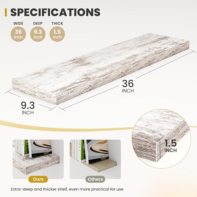 Acovy 36 Inch Floating Shelves, 9.3" Deep Floating Shelf Wall Mounted, 36" Wall Shelves, Rustic Deep Bookshelf, Large Display Shelves & Storage Shelves for Bedroom, Living Room, Rustic, Set of 2