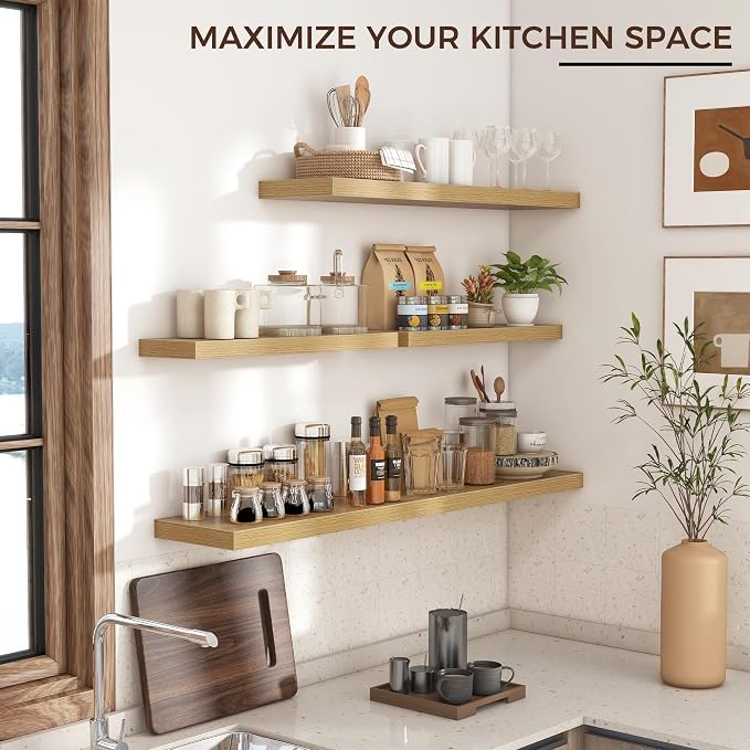Venusmiles 48" Wide x 9" Deep Floating Shelves for Wall, Oak Finish, 2-Pack | Engineered Wood Wall Shelves with Invisible Brackets for Living Room, Bedroom, Bathroom, Office & Kitchen Storage