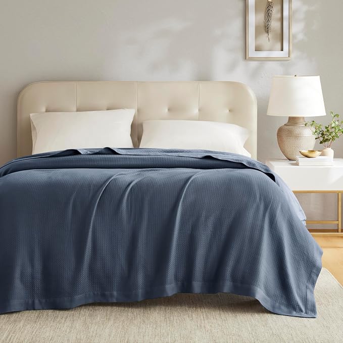 Madison Park 100% Egyptian Cotton Lightweight Summer Blanket, Breathable Waffle Knit Design, Soft Cozy All-Season Throw for Bed, Couch or Sofa, Navy Blue Full/Queen Size (90"x90")