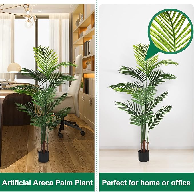 Jexine 4 Pack Artificial Palm Trees 5Ft, Fake Plants Fake Trees Artificial Areca Palm Plants for Outdoor Indoor Faux Palm Tree in Pot for Pool Home Decor Office Housewarming Gift Modern Decoration