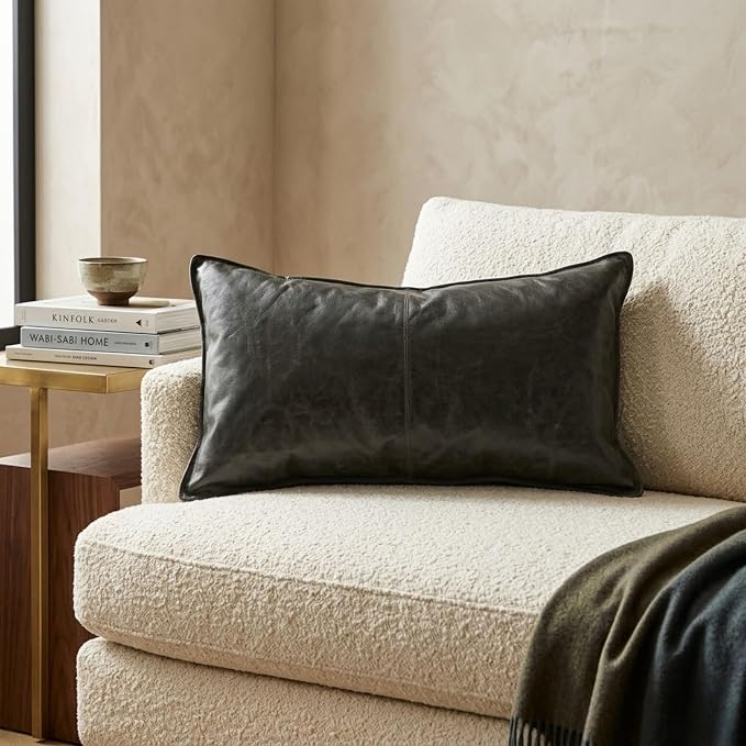Genuine Leather Pillow Cover Case for Lumbar Throw Couch Pillows - Modern Farmhouse Decorative Sofa Thick & Soft Cushion Covers (Forest Green, 12" x 20")