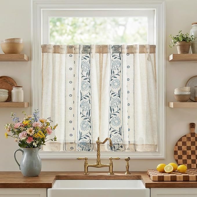 jinchan Winslow Linen Kitchen Curtains 36 Inch Length Small Window Curtains Embroidered Bordered Floral Drapes Light Filtering for Bathroom Laundry Room Farmhouse Decor Blue on Beige 2 Panels