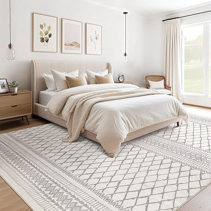 cotiled 6x9 Area Rug Living Room: Washable Boho Rugs with Non Slip Backing Large Soft Indoor Stain Resistant Carpet for Bedroom Farmhouse Dining Room Lightweight Home Decor Beige/Gray