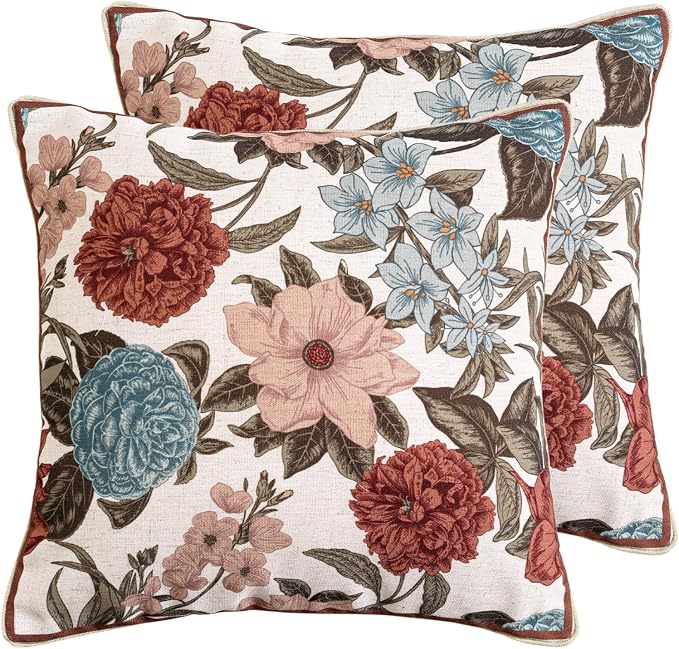 bilin gaier French Linen Throw Pillow Covers,18"x18" Set of 2-Burgundyred | Designer Vintage Elegant Square Pillow Cover,Concealed Zipper,Floral Pattern,Sofas,Bedroom,Living Room,Lounge Chairs