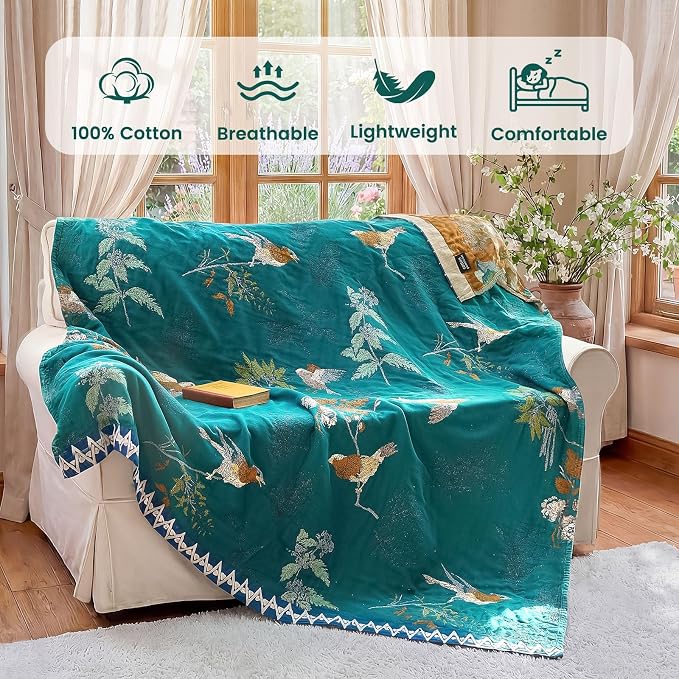 MSGKV The Boho Layer: 60"x80" Cotton Throw Blanket – Full Size for Couch Snuggles, Twin Bed Topper | Lightweight & Breathable Reversible Aviary Botanical Pattern, Decorative Accent