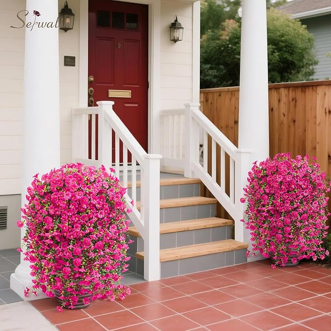 Serwalin Artificial Hanging Flowers for Outdoors Decoration, 4PCS UV Realistic Resistant Silk Artificial Fake Plants Outdoor for Porch Patio Balcony Planter Garden Yard Decor (Hot Pink,4PCS)