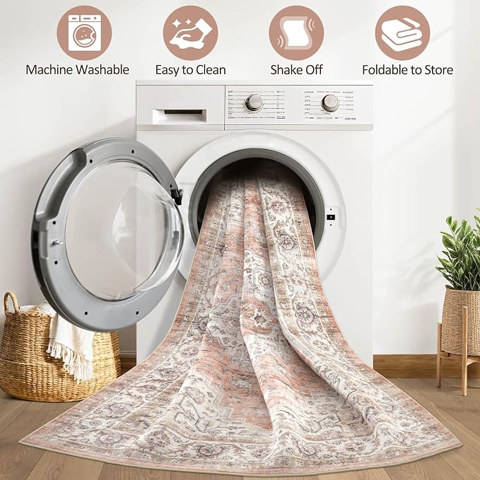 7x9 Area Rug Living Room: Washable Boho Large Neutral Vintage Soft Rug Stain Resistant Farmhouse Non-Slip Indoor Floor Retro Carpet for Bedroom Nursery Kids Office Dining Room- Pink Brown