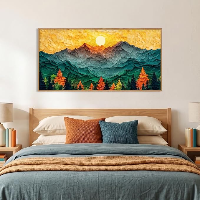 Abstract Boho Mountain Framed Canvas Wall Art Set,Golden Teal Pine Tree Sunset Wall Decor,Papercraft Sun Forest Landscape Art Print for Living Room,Bedroom,Dining Room,Office20 x40