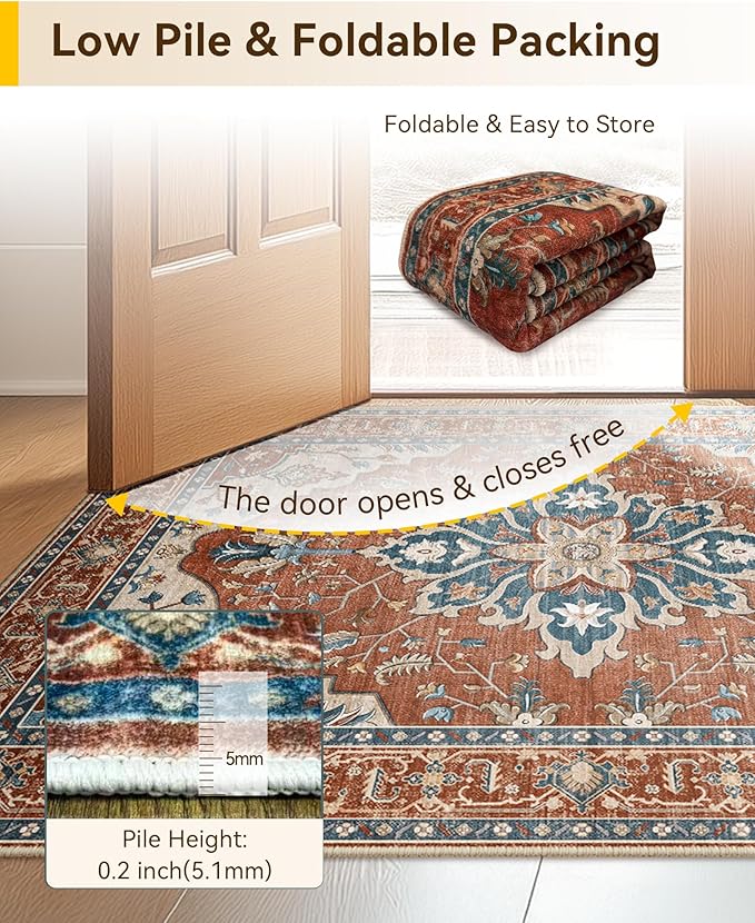 RELEANY Area Rugs Square 6ft Washable Non-Slip, Floral Vintage Distress Print Pattern Medallion Carpet for Living Room Bedroom Dining Room, Red Orange Blue Brown