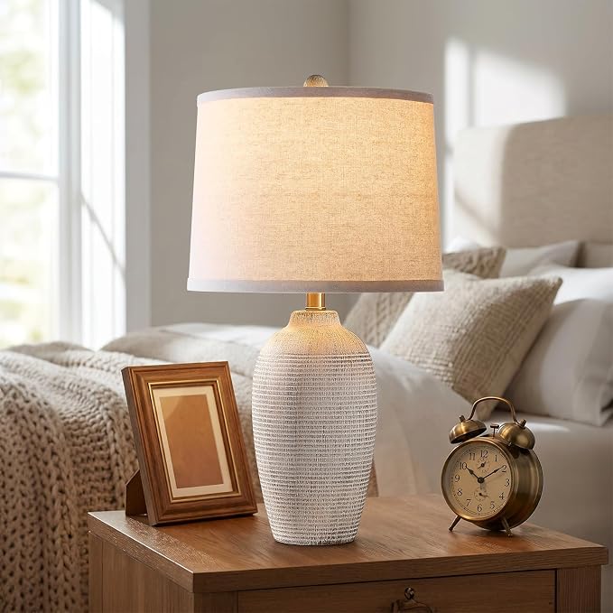 AIEAMPDO 25" Vintage Ceramic Table Lamp for Bedroom Living Room | Bedside Lamp with Linen Drum Shade, Neutral Modern Farmhouse Rustic Desk Lamp for Nightstand End Table, Bulb Included
