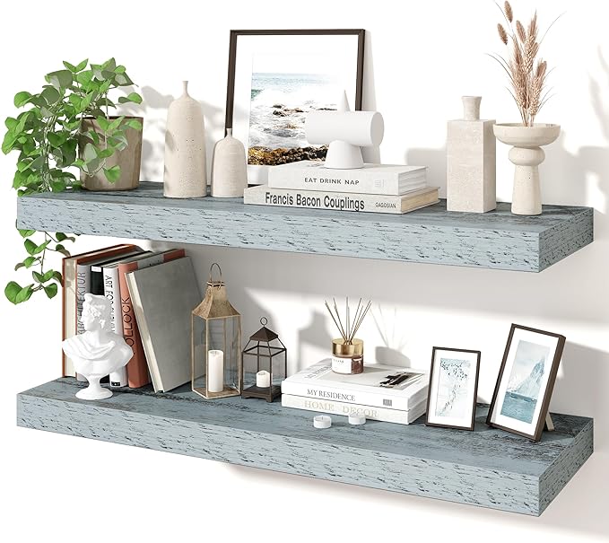 Axeman 32Inch Floating Shelves for Wall, 2 Pack Shelves for Bedroom, Bathroom, Kitchen, Hanging Wall Mounted Rustic Wood Shelf with Invisible Brackets for Books Decor, Rustic Blue