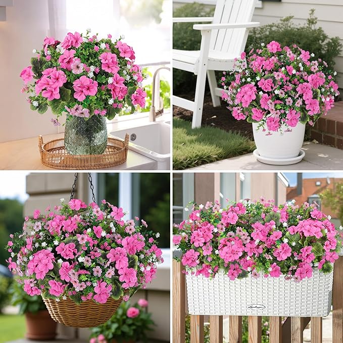 Ouddy Decor 18'' Artificial Geraniums Flowers for Outdoors, 10 Bundles Mixed Fake Silk Flowers Plastic Plants UV Resistant for Summer Garden Porch Patio Planter Table Home Decor, Pink