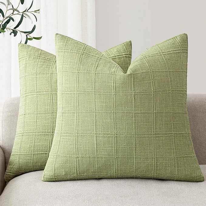 Foindtower Set of 2 Decorative Linen Check Throw Pillow Covers Neutral Farmhouse Vintage Cushion Covers Modern Boho Accent Home Decor for Sofa Chair Couch Bedroom Living Room,22×22 Inch,Light Green