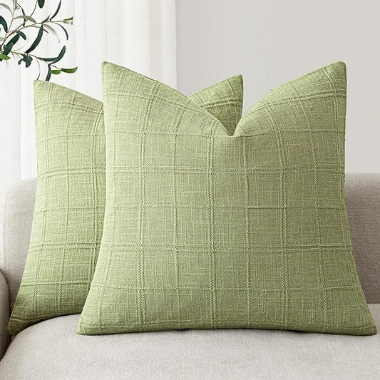 Foindtower Set of 2 Decorative Linen Check Throw Pillow Covers Neutral Farmhouse Vintage Cushion Covers Modern Boho Accent Home Decor for Sofa Chair Couch Bedroom Living Room,20×20 Inch,Light Green