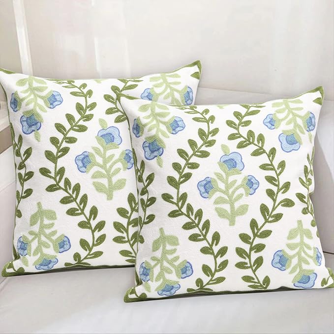 Set of 2 Embroidered Decorative Throw Pillow Covers Couch Square Pillowcases Cushion for Bedroom Sofa Farmhouse Decor 18x18 Inch (Blue Floral)