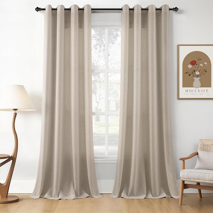 Cobblestone Linen Curtains 90 Inches Long for Living Room Light Filtering Semi Sheer Grommet Top Curtain Luxury Neutral Modern Farmhouse Privacy Sheer Drapes for Bedroom Dinner Room 52x90, 2 Panels