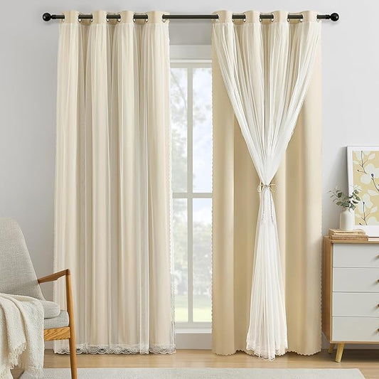 XiDi Beige Double Layer Curtains with Sheer Overlay for Girls Bedroom Living Room 2 Panels Beige Blackout Curtains 96 Inches Long for Kid Nursery Room Decor Thermal Insulated Grommet Drapes W34 x L96