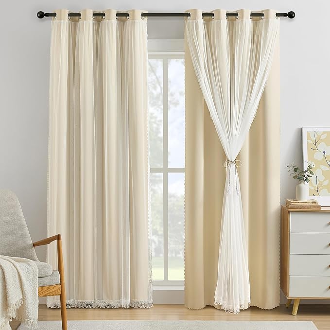 XiDi Beige Curtains with Sheer Overlay for Bedroom 100% Blackout Curtains 84 Inches Long for Living Room 2 Panels Light Block Soundproof Mix and Match Double Layer Window Drapes Grommet W52 x L84