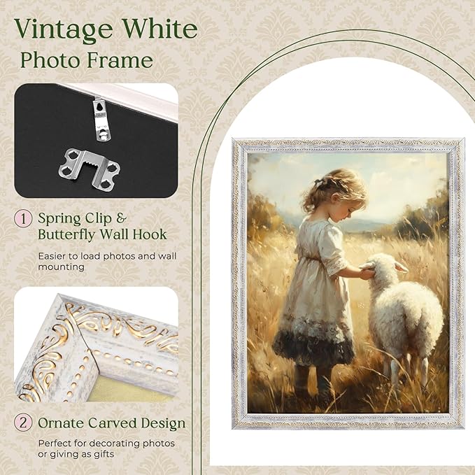 TWING 11x14 Picture Frame,Display 8x10 Photo with Mat or 11x14 without Mat,Ornate Vintage 11 x 14 Photo Frames for Wall Mounting,Vintage White,1 Pack