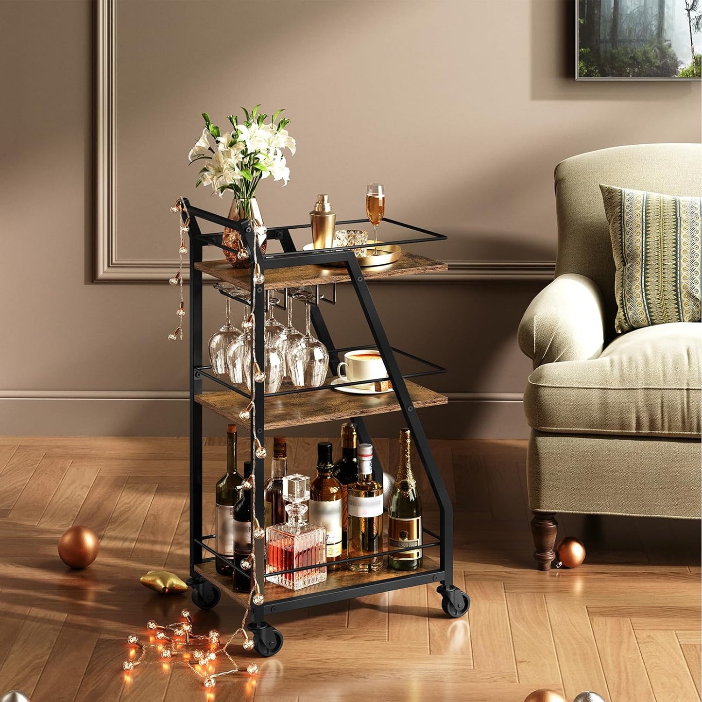Bar Cart, 3-Tier Bar Cart for The Home, Home Bar Serving Cart with Glass Holders, Beverage Cart for Kitchen, Dining, Party Room, Rustic Brown and Black BC03BR