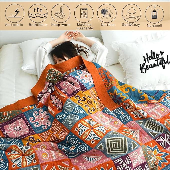 MSGKV Summer Cotton Throw Boho Blanket for Couch Bed, 60"x80" Muslin Brathable Lightweight Travel Decor Blanket for Bedroom