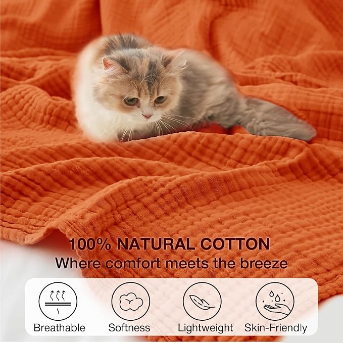 100% Cotton Muslin Blanket California King 120" x 90", 6 Layers Breathable and Lightweight Oversized Blankets for Bed, Soft Cooling Gauze Blanket for Adults All Season, Burnt Orange
